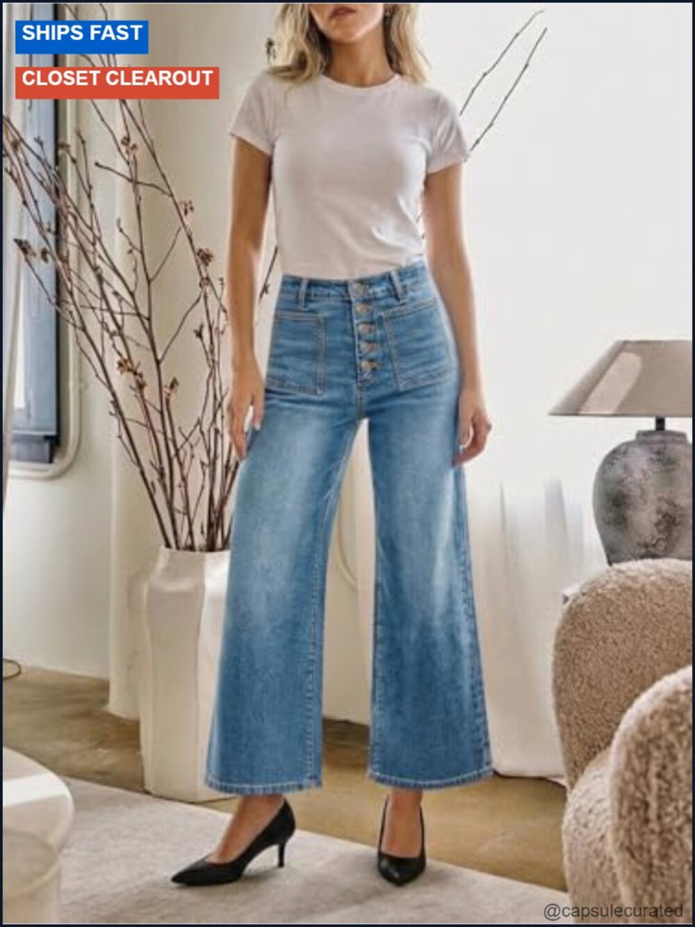 Wide Leg High Waisted Jeans with Stretch, Front Pockets, Vintage Baggy Flare - Picture 2 of 6